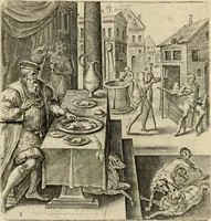 An illustration from Recht ghebruyck ende misbruyck van tydlicke have : welckers sin-rijcke af-beeldingen van D.V. Coornhert zyn bedacht, oock met zyn eygen hand in 't koper gesneden : hier by is gevoegt 't bedrogh des wereldts, of het luije en leckere leven door Pandolphus Collenutius, mede den lof-zang van 't goud, oock gedichten op den A.B.C. alles in seer leer-lycken dicht seer stichtelyck en vermakelyck gestelt (1620)