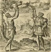 An illustration from Recht ghebruyck ende misbruyck van tydlicke have : welckers sin-rijcke af-beeldingen van D.V. Coornhert zyn bedacht, oock met zyn eygen hand in 't koper gesneden : hier by is gevoegt 't bedrogh des wereldts, of het luije en leckere leven door Pandolphus Collenutius, mede den lof-zang van 't goud, oock gedichten op den A.B.C. alles in seer leer-lycken dicht seer stichtelyck en vermakelyck gestelt (1620)