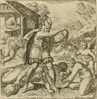 An illustration from Recht ghebruyck ende misbruyck van tydlicke have : welckers sin-rijcke af-beeldingen van D.V. Coornhert zyn bedacht, oock met zyn eygen hand in 't koper gesneden : hier by is gevoegt 't bedrogh des wereldts, of het luije en leckere leven door Pandolphus Collenutius, mede den lof-zang van 't goud, oock gedichten op den A.B.C. alles in seer leer-lycken dicht seer stichtelyck en vermakelyck gestelt (1620)