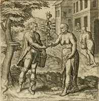 An illustration from Recht ghebruyck ende misbruyck van tydlicke have : welckers sin-rijcke af-beeldingen van D.V. Coornhert zyn bedacht, oock met zyn eygen hand in 't koper gesneden : hier by is gevoegt 't bedrogh des wereldts, of het luije en leckere leven door Pandolphus Collenutius, mede den lof-zang van 't goud, oock gedichten op den A.B.C. alles in seer leer-lycken dicht seer stichtelyck en vermakelyck gestelt (1620)