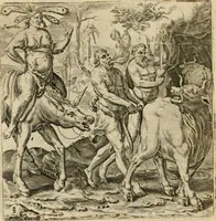 An illustration from Recht ghebruyck ende misbruyck van tydlicke have : welckers sin-rijcke af-beeldingen van D.V. Coornhert zyn bedacht, oock met zyn eygen hand in 't koper gesneden : hier by is gevoegt 't bedrogh des wereldts, of het luije en leckere leven door Pandolphus Collenutius, mede den lof-zang van 't goud, oock gedichten op den A.B.C. alles in seer leer-lycken dicht seer stichtelyck en vermakelyck gestelt (1620)