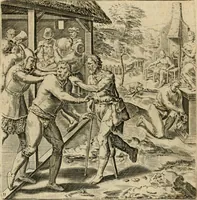 An illustration from Recht ghebruyck ende misbruyck van tydlicke have : welckers sin-rijcke af-beeldingen van D.V. Coornhert zyn bedacht, oock met zyn eygen hand in 't koper gesneden : hier by is gevoegt 't bedrogh des wereldts, of het luije en leckere leven door Pandolphus Collenutius, mede den lof-zang van 't goud, oock gedichten op den A.B.C. alles in seer leer-lycken dicht seer stichtelyck en vermakelyck gestelt (1620)