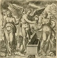 Picture 15 of 31 from Recht ghebruyck ende misbruyck van tydlicke have : welckers sin-rijcke af-beeldingen van D.V. Coornhert zyn bedacht, oock met zyn eygen hand in 't koper gesneden : hier by is gevoegt 't bedrogh des wereldts, of het luije en leckere leven door Pandolphus Collenutius, mede den lof-zang van 't goud, oock gedichten op den A.B.C. alles in seer leer-lycken dicht seer stichtelyck en vermakelyck gestelt (1620), leaf 33