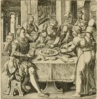 Picture 16 of 31 from Recht ghebruyck ende misbruyck van tydlicke have : welckers sin-rijcke af-beeldingen van D.V. Coornhert zyn bedacht, oock met zyn eygen hand in 't koper gesneden : hier by is gevoegt 't bedrogh des wereldts, of het luije en leckere leven door Pandolphus Collenutius, mede den lof-zang van 't goud, oock gedichten op den A.B.C. alles in seer leer-lycken dicht seer stichtelyck en vermakelyck gestelt (1620), leaf 35