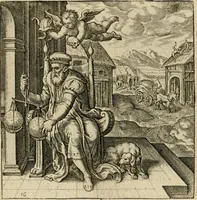 Picture 18 of 31 from Recht ghebruyck ende misbruyck van tydlicke have : welckers sin-rijcke af-beeldingen van D.V. Coornhert zyn bedacht, oock met zyn eygen hand in 't koper gesneden : hier by is gevoegt 't bedrogh des wereldts, of het luije en leckere leven door Pandolphus Collenutius, mede den lof-zang van 't goud, oock gedichten op den A.B.C. alles in seer leer-lycken dicht seer stichtelyck en vermakelyck gestelt (1620), leaf 39