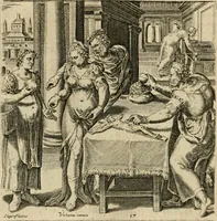 An illustration from Recht ghebruyck ende misbruyck van tydlicke have : welckers sin-rijcke af-beeldingen van D.V. Coornhert zyn bedacht, oock met zyn eygen hand in 't koper gesneden : hier by is gevoegt 't bedrogh des wereldts, of het luije en leckere leven door Pandolphus Collenutius, mede den lof-zang van 't goud, oock gedichten op den A.B.C. alles in seer leer-lycken dicht seer stichtelyck en vermakelyck gestelt (1620)