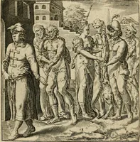 An illustration from Recht ghebruyck ende misbruyck van tydlicke have : welckers sin-rijcke af-beeldingen van D.V. Coornhert zyn bedacht, oock met zyn eygen hand in 't koper gesneden : hier by is gevoegt 't bedrogh des wereldts, of het luije en leckere leven door Pandolphus Collenutius, mede den lof-zang van 't goud, oock gedichten op den A.B.C. alles in seer leer-lycken dicht seer stichtelyck en vermakelyck gestelt (1620)