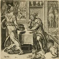 Picture 22 of 31 from Recht ghebruyck ende misbruyck van tydlicke have : welckers sin-rijcke af-beeldingen van D.V. Coornhert zyn bedacht, oock met zyn eygen hand in 't koper gesneden : hier by is gevoegt 't bedrogh des wereldts, of het luije en leckere leven door Pandolphus Collenutius, mede den lof-zang van 't goud, oock gedichten op den A.B.C. alles in seer leer-lycken dicht seer stichtelyck en vermakelyck gestelt (1620), leaf 47