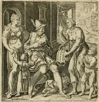 An illustration from Recht ghebruyck ende misbruyck van tydlicke have : welckers sin-rijcke af-beeldingen van D.V. Coornhert zyn bedacht, oock met zyn eygen hand in 't koper gesneden : hier by is gevoegt 't bedrogh des wereldts, of het luije en leckere leven door Pandolphus Collenutius, mede den lof-zang van 't goud, oock gedichten op den A.B.C. alles in seer leer-lycken dicht seer stichtelyck en vermakelyck gestelt (1620)