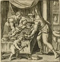 Picture 24 of 31 from Recht ghebruyck ende misbruyck van tydlicke have : welckers sin-rijcke af-beeldingen van D.V. Coornhert zyn bedacht, oock met zyn eygen hand in 't koper gesneden : hier by is gevoegt 't bedrogh des wereldts, of het luije en leckere leven door Pandolphus Collenutius, mede den lof-zang van 't goud, oock gedichten op den A.B.C. alles in seer leer-lycken dicht seer stichtelyck en vermakelyck gestelt (1620), leaf 51