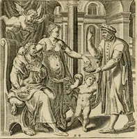 An illustration from Recht ghebruyck ende misbruyck van tydlicke have : welckers sin-rijcke af-beeldingen van D.V. Coornhert zyn bedacht, oock met zyn eygen hand in 't koper gesneden : hier by is gevoegt 't bedrogh des wereldts, of het luije en leckere leven door Pandolphus Collenutius, mede den lof-zang van 't goud, oock gedichten op den A.B.C. alles in seer leer-lycken dicht seer stichtelyck en vermakelyck gestelt (1620)