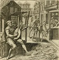 An illustration from Recht ghebruyck ende misbruyck van tydlicke have : welckers sin-rijcke af-beeldingen van D.V. Coornhert zyn bedacht, oock met zyn eygen hand in 't koper gesneden : hier by is gevoegt 't bedrogh des wereldts, of het luije en leckere leven door Pandolphus Collenutius, mede den lof-zang van 't goud, oock gedichten op den A.B.C. alles in seer leer-lycken dicht seer stichtelyck en vermakelyck gestelt (1620)
