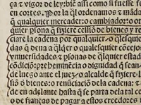 An illustration from Recopilacio[n] de algunas bullas del summo pontifice, co[n]cedidas, en fauor de la jurisdicio[n] real, con todas las pragmaticas, y algunas leyes del reyno, hechas para la buena gouernacion y guarda de la justicia y muchas pragmaticas y leyes añadidas q[ue] hasta aqui no fueron impressas. : En especial estan añadidas las leyes de Madrid y de los ara[n]zeles y de los paños y lanas y capitulos de corregidores y leyes de toro y leyes de la hermandad, vista y corregida y por orden de leyes puesta. (1550)