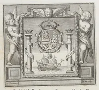 An illustration from Recopilacion de leyes de los reynos de las Indias. : Mandadas imprimir, y publicar por la Magestad Catolica del rey don Carlos II, nuestro señor. Va dividida en quatro tomos, con el indice general, y al principio de cada tomo el indice especial de los titulos, que contiene (1681)