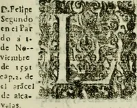 An illustration from Recopilacion de leyes de los reynos de las Indias : mandadas imprimir, y publicar por la magestad catolica del rey don Carlos II, nuestro señor : va dividida en quatro tomos, con el indice general, y al principio de cada tomo el indice especial de los titulos, que contiene (1681)