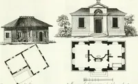 An illustration from Recueil de dessins d'une execution peu dispendieuse : contenans des plans de petites maisons de campagne, petits pavillons de jardins, temples, hermitages, chaumieres, monumens, obélisques, ruines, portails, portes, grilles, bancs de jardins, chaises, volieres, gondoles, ponts, etc. : ouvrage intéressant pour cette classes d'amateurs, qui sans faire de grandes dépenses, sont pourtant bien aises d'embellir leurs jardins d'ornamens nouveaux et pleins de goût (1805)