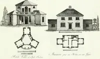Picture 12 of 140 from Recueil de dessins d'une execution peu dispendieuse : contenans des plans de petites maisons de campagne, petits pavillons de jardins, temples, hermitages, chaumieres, monumens, obélisques, ruines, portails, portes, grilles, bancs de jardins, chaises, volieres, gondoles, ponts, etc. : ouvrage intéressant pour cette classes d'amateurs, qui sans faire de grandes dépenses, sont pourtant bien aises d'embellir leurs jardins d'ornamens nouveaux et pleins de goût (1805), leaf 10
