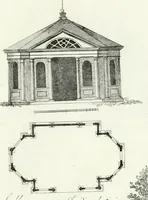 An illustration from Recueil de dessins d'une execution peu dispendieuse : contenans des plans de petites maisons de campagne, petits pavillons de jardins, temples, hermitages, chaumieres, monumens, obélisques, ruines, portails, portes, grilles, bancs de jardins, chaises, volieres, gondoles, ponts, etc. : ouvrage intéressant pour cette classes d'amateurs, qui sans faire de grandes dépenses, sont pourtant bien aises d'embellir leurs jardins d'ornamens nouveaux et pleins de goût (1805)