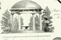 An illustration from Recueil de dessins d'une execution peu dispendieuse : contenans des plans de petites maisons de campagne, petits pavillons de jardins, temples, hermitages, chaumieres, monumens, obélisques, ruines, portails, portes, grilles, bancs de jardins, chaises, volieres, gondoles, ponts, etc. : ouvrage intéressant pour cette classes d'amateurs, qui sans faire de grandes dépenses, sont pourtant bien aises d'embellir leurs jardins d'ornamens nouveaux et pleins de goût (1805)
