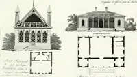 Picture 35 of 140 from Recueil de dessins d'une execution peu dispendieuse : contenans des plans de petites maisons de campagne, petits pavillons de jardins, temples, hermitages, chaumieres, monumens, obélisques, ruines, portails, portes, grilles, bancs de jardins, chaises, volieres, gondoles, ponts, etc. : ouvrage intéressant pour cette classes d'amateurs, qui sans faire de grandes dépenses, sont pourtant bien aises d'embellir leurs jardins d'ornamens nouveaux et pleins de goût (1805), leaf 20