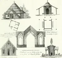 An illustration from Recueil de dessins d'une execution peu dispendieuse : contenans des plans de petites maisons de campagne, petits pavillons de jardins, temples, hermitages, chaumieres, monumens, obélisques, ruines, portails, portes, grilles, bancs de jardins, chaises, volieres, gondoles, ponts, etc. : ouvrage intéressant pour cette classes d'amateurs, qui sans faire de grandes dépenses, sont pourtant bien aises d'embellir leurs jardins d'ornamens nouveaux et pleins de goût (1805)