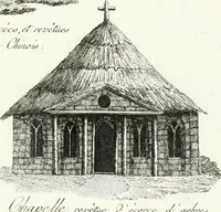 An illustration from Recueil de dessins d'une execution peu dispendieuse : contenans des plans de petites maisons de campagne, petits pavillons de jardins, temples, hermitages, chaumieres, monumens, obélisques, ruines, portails, portes, grilles, bancs de jardins, chaises, volieres, gondoles, ponts, etc. : ouvrage intéressant pour cette classes d'amateurs, qui sans faire de grandes dépenses, sont pourtant bien aises d'embellir leurs jardins d'ornamens nouveaux et pleins de goût (1805)