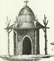 An illustration from Recueil de dessins d'une execution peu dispendieuse : contenans des plans de petites maisons de campagne, petits pavillons de jardins, temples, hermitages, chaumieres, monumens, obélisques, ruines, portails, portes, grilles, bancs de jardins, chaises, volieres, gondoles, ponts, etc. : ouvrage intéressant pour cette classes d'amateurs, qui sans faire de grandes dépenses, sont pourtant bien aises d'embellir leurs jardins d'ornamens nouveaux et pleins de goût (1805)