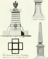An illustration from Recueil de dessins d'une execution peu dispendieuse : contenans des plans de petites maisons de campagne, petits pavillons de jardins, temples, hermitages, chaumieres, monumens, obélisques, ruines, portails, portes, grilles, bancs de jardins, chaises, volieres, gondoles, ponts, etc. : ouvrage intéressant pour cette classes d'amateurs, qui sans faire de grandes dépenses, sont pourtant bien aises d'embellir leurs jardins d'ornamens nouveaux et pleins de goût (1805)
