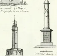 Picture 63 of 140 from Recueil de dessins d'une execution peu dispendieuse : contenans des plans de petites maisons de campagne, petits pavillons de jardins, temples, hermitages, chaumieres, monumens, obélisques, ruines, portails, portes, grilles, bancs de jardins, chaises, volieres, gondoles, ponts, etc. : ouvrage intéressant pour cette classes d'amateurs, qui sans faire de grandes dépenses, sont pourtant bien aises d'embellir leurs jardins d'ornamens nouveaux et pleins de goût (1805), leaf 32