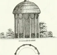 An illustration from Recueil de dessins d'une execution peu dispendieuse : contenans des plans de petites maisons de campagne, petits pavillons de jardins, temples, hermitages, chaumieres, monumens, obélisques, ruines, portails, portes, grilles, bancs de jardins, chaises, volieres, gondoles, ponts, etc. : ouvrage intéressant pour cette classes d'amateurs, qui sans faire de grandes dépenses, sont pourtant bien aises d'embellir leurs jardins d'ornamens nouveaux et pleins de goût (1805)