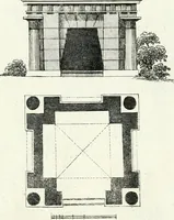 An illustration from Recueil de dessins d'une execution peu dispendieuse : contenans des plans de petites maisons de campagne, petits pavillons de jardins, temples, hermitages, chaumieres, monumens, obélisques, ruines, portails, portes, grilles, bancs de jardins, chaises, volieres, gondoles, ponts, etc. : ouvrage intéressant pour cette classes d'amateurs, qui sans faire de grandes dépenses, sont pourtant bien aises d'embellir leurs jardins d'ornamens nouveaux et pleins de goût (1805)