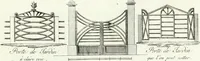 An illustration from Recueil de dessins d'une execution peu dispendieuse : contenans des plans de petites maisons de campagne, petits pavillons de jardins, temples, hermitages, chaumieres, monumens, obélisques, ruines, portails, portes, grilles, bancs de jardins, chaises, volieres, gondoles, ponts, etc. : ouvrage intéressant pour cette classes d'amateurs, qui sans faire de grandes dépenses, sont pourtant bien aises d'embellir leurs jardins d'ornamens nouveaux et pleins de goût (1805)