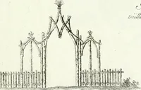 An illustration from Recueil de dessins d'une execution peu dispendieuse : contenans des plans de petites maisons de campagne, petits pavillons de jardins, temples, hermitages, chaumieres, monumens, obélisques, ruines, portails, portes, grilles, bancs de jardins, chaises, volieres, gondoles, ponts, etc. : ouvrage intéressant pour cette classes d'amateurs, qui sans faire de grandes dépenses, sont pourtant bien aises d'embellir leurs jardins d'ornamens nouveaux et pleins de goût (1805)