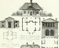 Picture 85 of 140 from Recueil de dessins d'une execution peu dispendieuse : contenans des plans de petites maisons de campagne, petits pavillons de jardins, temples, hermitages, chaumieres, monumens, obélisques, ruines, portails, portes, grilles, bancs de jardins, chaises, volieres, gondoles, ponts, etc. : ouvrage intéressant pour cette classes d'amateurs, qui sans faire de grandes dépenses, sont pourtant bien aises d'embellir leurs jardins d'ornamens nouveaux et pleins de goût (1805), leaf 42