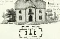 An illustration from Recueil de dessins d'une execution peu dispendieuse : contenans des plans de petites maisons de campagne, petits pavillons de jardins, temples, hermitages, chaumieres, monumens, obélisques, ruines, portails, portes, grilles, bancs de jardins, chaises, volieres, gondoles, ponts, etc. : ouvrage intéressant pour cette classes d'amateurs, qui sans faire de grandes dépenses, sont pourtant bien aises d'embellir leurs jardins d'ornamens nouveaux et pleins de goût (1805)