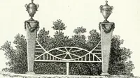 An illustration from Recueil de dessins d'une execution peu dispendieuse : contenans des plans de petites maisons de campagne, petits pavillons de jardins, temples, hermitages, chaumieres, monumens, obélisques, ruines, portails, portes, grilles, bancs de jardins, chaises, volieres, gondoles, ponts, etc. : ouvrage intéressant pour cette classes d'amateurs, qui sans faire de grandes dépenses, sont pourtant bien aises d'embellir leurs jardins d'ornamens nouveaux et pleins de goût (1805)