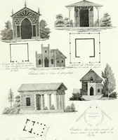 Picture 103 of 140 from Recueil de dessins d'une execution peu dispendieuse : contenans des plans de petites maisons de campagne, petits pavillons de jardins, temples, hermitages, chaumieres, monumens, obélisques, ruines, portails, portes, grilles, bancs de jardins, chaises, volieres, gondoles, ponts, etc. : ouvrage intéressant pour cette classes d'amateurs, qui sans faire de grandes dépenses, sont pourtant bien aises d'embellir leurs jardins d'ornamens nouveaux et pleins de goût (1805), leaf 50