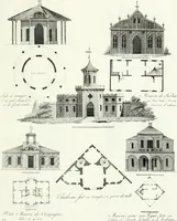 An illustration from Recueil de dessins d'une execution peu dispendieuse : contenans des plans de petites maisons de campagne, petits pavillons de jardins, temples, hermitages, chaumieres, monumens, obélisques, ruines, portails, portes, grilles, bancs de jardins, chaises, volieres, gondoles, ponts, etc. : ouvrage intéressant pour cette classes d'amateurs, qui sans faire de grandes dépenses, sont pourtant bien aises d'embellir leurs jardins d'ornamens nouveaux et pleins de goût (1805)