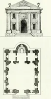 An illustration from Recueil de dessins d'une execution peu dispendieuse : contenans des plans de petites maisons de campagne, petits pavillons de jardins, temples, hermitages, chaumieres, monumens, obélisques, ruines, portails, portes, grilles, bancs de jardins, chaises, volieres, gondoles, ponts, etc. : ouvrage intéressant pour cette classes d'amateurs, qui sans faire de grandes dépenses, sont pourtant bien aises d'embellir leurs jardins d'ornamens nouveaux et pleins de goût (1805)