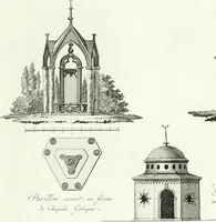 An illustration from Recueil de dessins d'une execution peu dispendieuse : contenans des plans de petites maisons de campagne, petits pavillons de jardins, temples, hermitages, chaumieres, monumens, obélisques, ruines, portails, portes, grilles, bancs de jardins, chaises, volieres, gondoles, ponts, etc. : ouvrage intéressant pour cette classes d'amateurs, qui sans faire de grandes dépenses, sont pourtant bien aises d'embellir leurs jardins d'ornamens nouveaux et pleins de goût (1805)