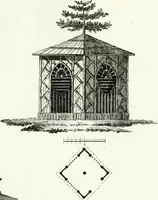 An illustration from Recueil de dessins d'une execution peu dispendieuse : contenans des plans de petites maisons de campagne, petits pavillons de jardins, temples, hermitages, chaumieres, monumens, obélisques, ruines, portails, portes, grilles, bancs de jardins, chaises, volieres, gondoles, ponts, etc. : ouvrage intéressant pour cette classes d'amateurs, qui sans faire de grandes dépenses, sont pourtant bien aises d'embellir leurs jardins d'ornamens nouveaux et pleins de goût (1805)