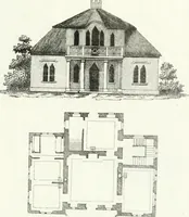 An illustration from Recueil de dessins d'une execution peu dispendieuse : contenans des plans de petites maisons de campagne, petits pavillons de jardins, temples, hermitages, chaumieres, monumens, obélisques, ruines, portails, portes, grilles, bancs de jardins, chaises, volieres, gondoles, ponts, etc. : ouvrage intéressant pour cette classes d'amateurs, qui sans faire de grandes dépenses, sont pourtant bien aises d'embellir leurs jardins d'ornamens nouveaux et pleins de goût (1805)