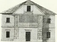 An illustration from Recueil de dessins d'une execution peu dispendieuse : contenans des plans de petites maisons de campagne, petits pavillons de jardins, temples, hermitages, chaumieres, monumens, obélisques, ruines, portails, portes, grilles, bancs de jardins, chaises, volieres, gondoles, ponts, etc. : ouvrage intéressant pour cette classes d'amateurs, qui sans faire de grandes dépenses, sont pourtant bien aises d'embellir leurs jardins d'ornamens nouveaux et pleins de goût (1805)