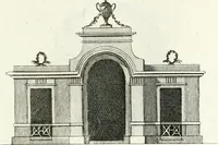 An illustration from Recueil de dessins d'une execution peu dispendieuse : contenans des plans de petites maisons de campagne, petits pavillons de jardins, temples, hermitages, chaumieres, monumens, obélisques, ruines, portails, portes, grilles, bancs de jardins, chaises, volieres, gondoles, ponts, etc. : ouvrage intéressant pour cette classes d'amateurs, qui sans faire de grandes dépenses, sont pourtant bien aises d'embellir leurs jardins d'ornamens nouveaux et pleins de goût (1805)