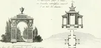 An illustration from Recueil de dessins d'une execution peu dispendieuse : contenans des plans de petites maisons de campagne, petits pavillons de jardins, temples, hermitages, chaumieres, monumens, obélisques, ruines, portails, portes, grilles, bancs de jardins, chaises, volieres, gondoles, ponts, etc. : ouvrage intéressant pour cette classes d'amateurs, qui sans faire de grandes dépenses, sont pourtant bien aises d'embellir leurs jardins d'ornamens nouveaux et pleins de goût (1805)