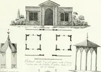 An illustration from Recueil de dessins d'une execution peu dispendieuse : contenans des plans de petites maisons de campagne, petits pavillons de jardins, temples, hermitages, chaumieres, monumens, obélisques, ruines, portails, portes, grilles, bancs de jardins, chaises, volieres, gondoles, ponts, etc. : ouvrage intéressant pour cette classes d'amateurs, qui sans faire de grandes dépenses, sont pourtant bien aises d'embellir leurs jardins d'ornamens nouveaux et pleins de goût (1805)