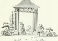 An illustration from Recueil de dessins d'une execution peu dispendieuse : contenans des plans de petites maisons de campagne, petits pavillons de jardins, temples, hermitages, chaumieres, monumens, obélisques, ruines, portails, portes, grilles, bancs de jardins, chaises, volieres, gondoles, ponts, etc. : ouvrage intéressant pour cette classes d'amateurs, qui sans faire de grandes dépenses, sont pourtant bien aises d'embellir leurs jardins d'ornamens nouveaux et pleins de goût (1805)