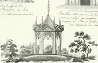 An illustration from Recueil de dessins d'une execution peu dispendieuse : contenans des plans de petites maisons de campagne, petits pavillons de jardins, temples, hermitages, chaumieres, monumens, obélisques, ruines, portails, portes, grilles, bancs de jardins, chaises, volieres, gondoles, ponts, etc. : ouvrage intéressant pour cette classes d'amateurs, qui sans faire de grandes dépenses, sont pourtant bien aises d'embellir leurs jardins d'ornamens nouveaux et pleins de goût (1805)