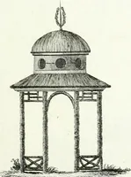 An illustration from Recueil de dessins d'une execution peu dispendieuse : contenans des plans de petites maisons de campagne, petits pavillons de jardins, temples, hermitages, chaumieres, monumens, obélisques, ruines, portails, portes, grilles, bancs de jardins, chaises, volieres, gondoles, ponts, etc. : ouvrage intéressant pour cette classes d'amateurs, qui sans faire de grandes dépenses, sont pourtant bien aises d'embellir leurs jardins d'ornamens nouveaux et pleins de goût (1805)