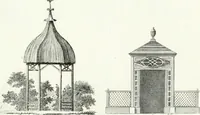 An illustration from Recueil de dessins d'une execution peu dispendieuse : contenans des plans de petites maisons de campagne, petits pavillons de jardins, temples, hermitages, chaumieres, monumens, obélisques, ruines, portails, portes, grilles, bancs de jardins, chaises, volieres, gondoles, ponts, etc. : ouvrage intéressant pour cette classes d'amateurs, qui sans faire de grandes dépenses, sont pourtant bien aises d'embellir leurs jardins d'ornamens nouveaux et pleins de goût (1805)